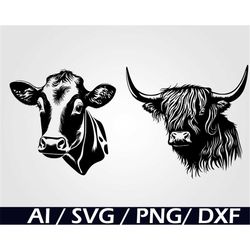 Cow Heads SVG Bundle Digital Download, heifer cow head clip art, highland cow svg, farm cow animal svg digital cut image