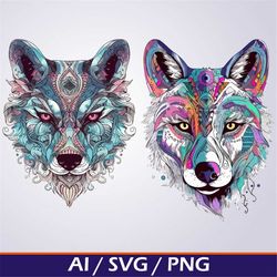 Wolf Sugar Skull SVG Bundle PNG Day of the Dead Wolf Pack Sugar Skull, Wolves Digital PNG file for cricut silhouette sub