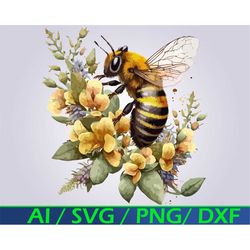 Honey Bee on Flowers SVG Digital Download, Honey Bee Clip art queen bee svg bumble bee png bee pollinating flowers for c