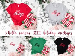 5 x Bella Canvas Christmas Shirt Mockups Red Forest White Tshirt Mock Up Festive Holiday Styled Stock Photo Tee SVG JPG