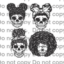 Fillable transparent Messy Bun Afro Space Bun Hair Skull Design Digital Download