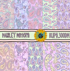 Pastel Paisley seamless patterns, Hand Drawn Paisley Digital Paper set for scrapbooking and crafting, Floral Background