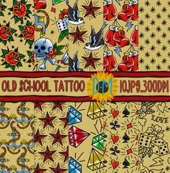 old school tattoo seamless pattern -tattoo digital papers -  background