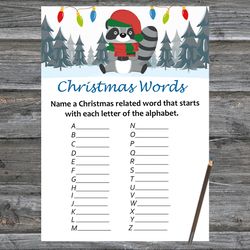 Christmas party games,Christmas Word A-Z Game Printable,Christmas Raccoon Trivia Game Cards