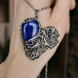 Silver heart necklace with blue lapis lazuli, Wire wrapped pendant jewelry, Heart surgery survivor gift for her