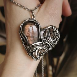 Heart necklace with labradorite, Heart surgery survivor gift, Heart warrior jewelry, Silver wire wrap heart pendant