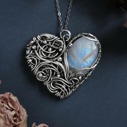 Heart necklace with moonstone, Silver wire wrap pendant jewelry, Romantic Anniversary gift for wife gift for her