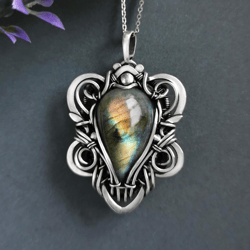 Necklace with labradorite. Heady wire wrap pendant jewelry. Statement Fantasy Gothic Witch Crystal Talisman for her