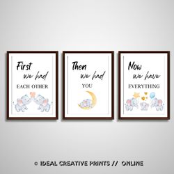 cute baby elephant watercolor art print, set of 3 balloon elephant family love quote wall art poster