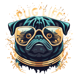 pug in golden sunglasses, magic, t-shirt design