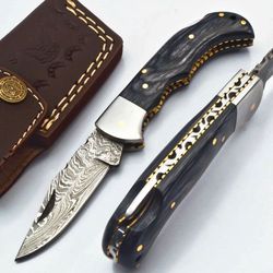Beautifull Custom Handmade Damascus Steel Pocket Folding Knife,