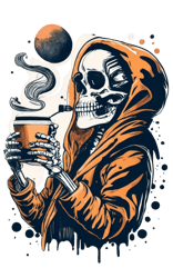 T-shirt design image of a human skeleton drinking coffee