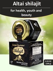 Golden Mountains Shilajit Resin Premium Pure Authentic Siberian Altai 100g 3.53oz, measuring spoon. Exclusive quality