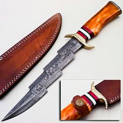 Custom Handmade Damascus Steel Hunting/Bowie/Zig Zag Knife Colored Bone Handle