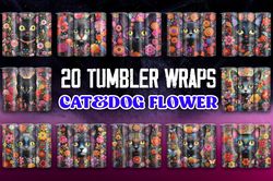 Cute Cat and Dog Floral Tumbler Wrap Bundle