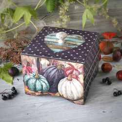 handmade wooden storage box with lid kitchen storage pumpkin decor dots design vintage country style keepsake storage