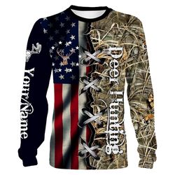 Deer Hunting American Flag Camo Custom Name All Over Print T-Shirt, Long Sleeves, Hoodie, Zip Up Hoodie, Tank Top Plus S