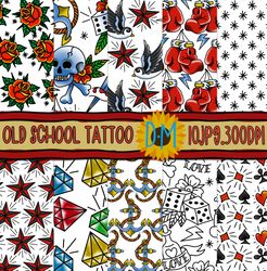 old school tattoo seamless pattern - tattoo digital papers - white background