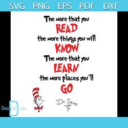 The more that you read the more things you will know, the more that you learn, the more places you'll go, Dr Seuss Svg,