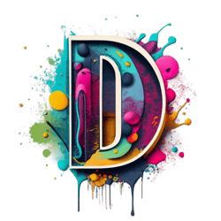 Spray paint splatter in a design that creates the letter "D" , no drips , typography, graffiti