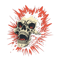 grotesque exploding punk rock skull, black and red, horror, black metal