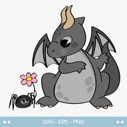 Gray Dragon SVG clipart, Cartoon Dragon and a spider PNG, Print and Cut image