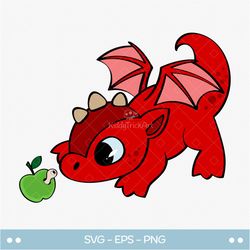 Red Baby Dragon SVG clipart, Cartoon dragon and an apple PNG, Print and Cut image