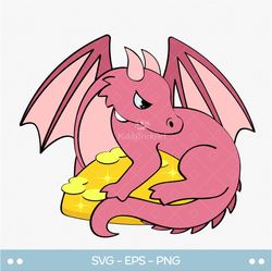 Pink Dragon on a pile of gold SVG clipart, Cute Cartoon Dragon PNG, Print and Cut image