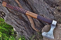Custom Gift Forged Carbon Steel Viking Axe Hatchet Rose Wood Shaft, Bearded Camping Axe, Best Birthday & Anniversary Gif