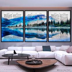 Landscape Multi pannel set 3 wall art Blue smoky mountains Green forest print Dictionary book page vintage poster Modern