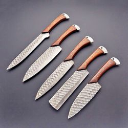 Custom Handmade Hand Forged Damascus Steel Chef Knife Set WIth Leather Roll Bag