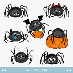 Halloween Spider set SVG clipart, Funny Cartoon Spiders PNG, Print and Cut image