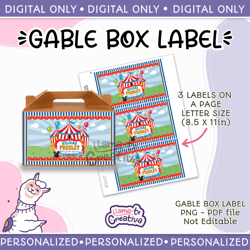 add personalization circus / carnival gable box favors labels, gift box labels, instant download, not editable