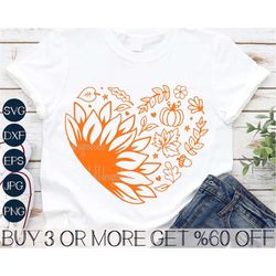 Fall Leaves Heart SVG, Sunflower SVG, Pumpkin SVG, Fall Shirt, Halloween, Thanksgiving, Png, Files for Cricut, Sublimati