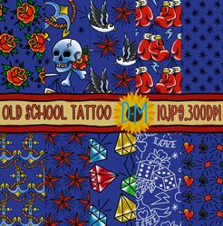 old school tattoo seamless pattern - tattoo digital papers - blue background