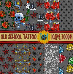 Old School Tattoo Seamless Pattern - Tattoo Digital Papers - Grey Background