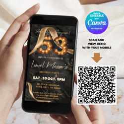 53rd Birthday Invitation, Surprise Fifty Three Birthday Mobile Invitation Fully Editable with Canva