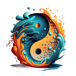 A yin yang design that is made of water and fire, in the style of dark cyan and orange