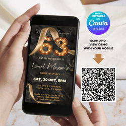 63rd Birthday Invitation, Surprise Sixty Three Birthday Mobile Invitation Fully Editable with Canva