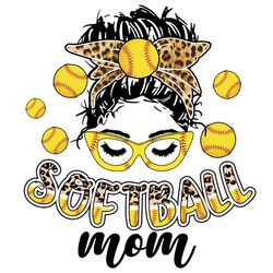 Funny Leopard Softball Messy Bun Mom PNG