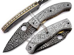 Handmade Damascus Mosaic Pattern Folding Knife with Hand Engraved Handle
