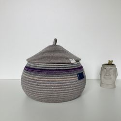 Grey jute storage basket with lid 8'' x 7.5''