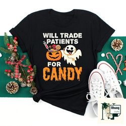 Nurse Halloween Will Trade Patients For Candy Vintage T-Shirt, Halloween Shirt, Halloween Horror Shirt, Spooky Halloween