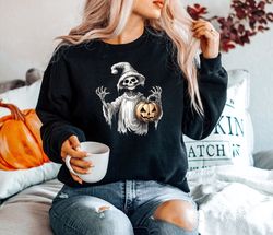 Skeleton Sweatshirt, Pumpkin Halloween Sweatshirt, Ske
