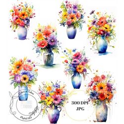 Watercolor Vase and Vivid Color Flowers Clipart - 8 High-Quality JPEGs - Digital Download - Card Making, Mixed Media, Di