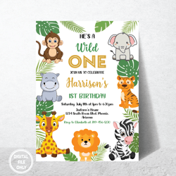 Personalized File Safari Birthday Invitation Png, Wild One 1st Birthday Invite Png, Jungle Animals invitations, PNG File