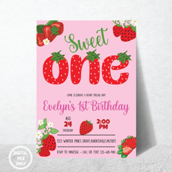 Personalized File Strawberry Sweet One 1st Birthday Invitation Png, Berry Theme Party Invite Png, Instant Download PNG
