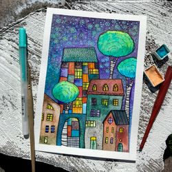 Funky house painting Small Original watercolor graphic art City artwork Gallery wall art by Rubinova