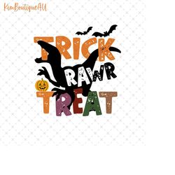 Trick Rawr Treat Png, Halloween Dinosaur Png, T-Rex With Pumpkin Png, Retro Dinosaur Halloween Png, Spooky Dinosaur Png,