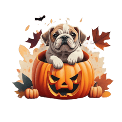 Sticker, print. Cute bulldog puppy coming out of a Halloween pumpkin with autumn leaves, colorful design.